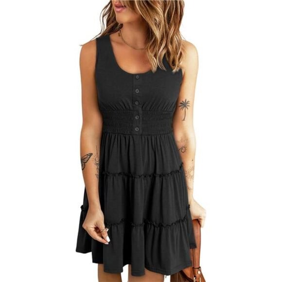 Women's Sleeveless Ruffle Tiered Mini Dress - Smocked Waist, Casual Swing Style - Picture 1 of 5